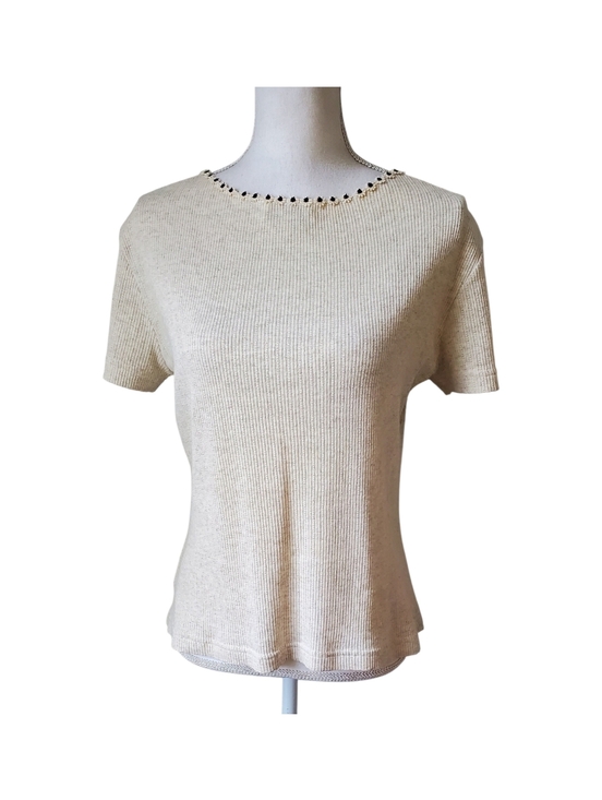 Francine Browner Tops - Francine B 90's Ribbed Knit Top Oatmeal Short Sleeve Flower Trim Neckline Size L